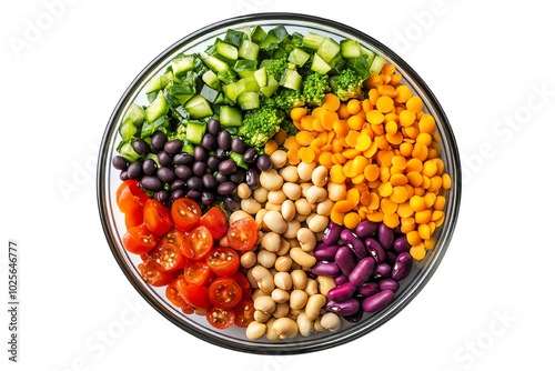 Vibrant Veggie Bowl: A colorful array of fresh vegetables—cherry tomatoes, chickpeas, black beans, kidney beans, broccoli, and cucumber—arranged in a glass bowl.