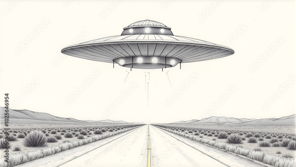 Obraz premium Black and white illustration of a UFO hovering over an empty desert road