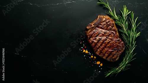 Grilled steak with herbs and spices on a dark background