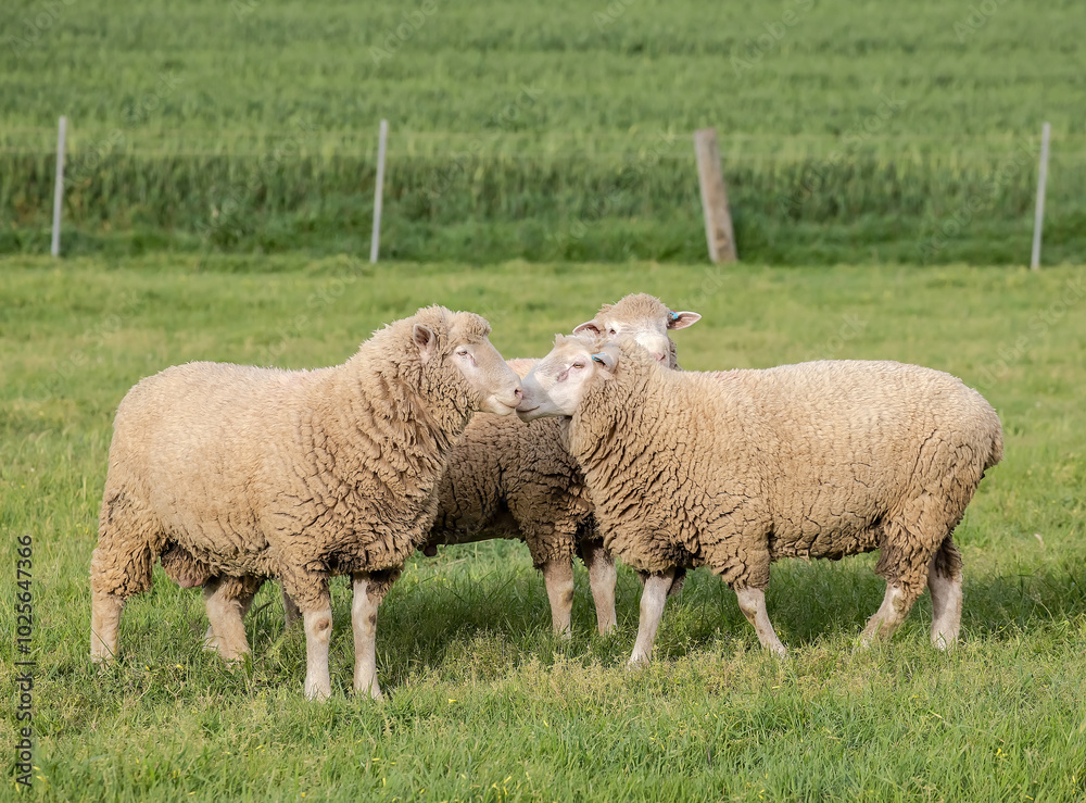 Flock of woolly sheep grazing in a lush green pasture, surrounded by trees and rural landscape in countryside, Australia Flock of woolly sheep grazing in a lush green pasture, surrounded by trees and rural landscape in countryside, Australia