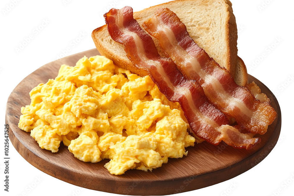 Scrumptious Breakfast: Bacon, Eggs, and Toast on Wooden Platter Scrumptious Breakfast: Bacon, Eggs, and Toast on Wooden Platter