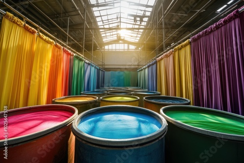 Textile dyeing vats with colorful fabrics, with copy space photo