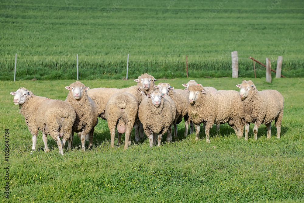 Flock of woolly sheep grazing in a lush green pasture, surrounded by trees and rural landscape in countryside, Australia Flock of woolly sheep grazing in a lush green pasture, surrounded by trees and rural landscape in countryside, Australia