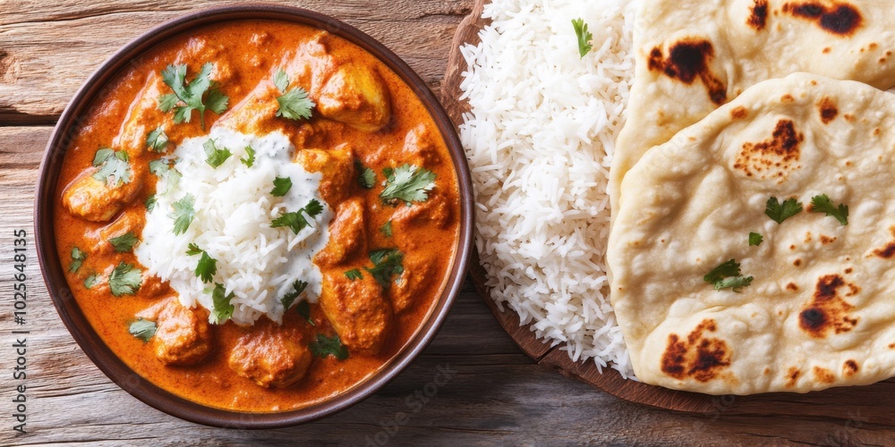 Creamy Butter Chicken Served with Basmati Rice and Naan on a Rustic Table Creamy Butter Chicken Served with Basmati Rice and Naan on a Rustic Table