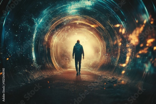 Time traveler stepping through glowing portal, with copy space