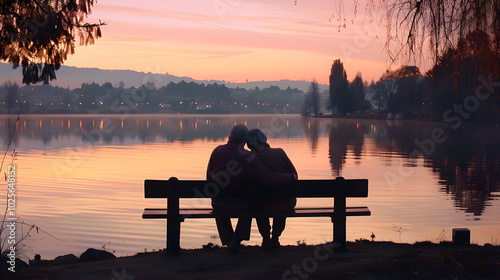 silhouette of a couple sitting on a bench at sunset