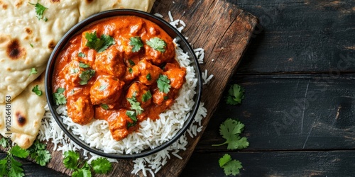 Wallpaper Mural Creamy Butter Chicken Served with Basmati Rice and Naan on a Rustic Table Torontodigital.ca