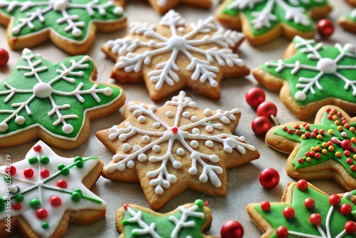 Assorted christmas cookies with white and green icing and sprinkles