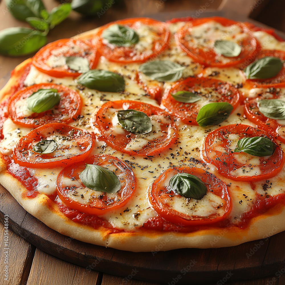 Delicious pizza topped with fresh tomatoes and basil leaves, showcasing golden crust and melted cheese, perfect for cozy meal Delicious pizza topped with fresh tomatoes and basil leaves, showcasing golden crust and melted cheese, perfect for cozy meal