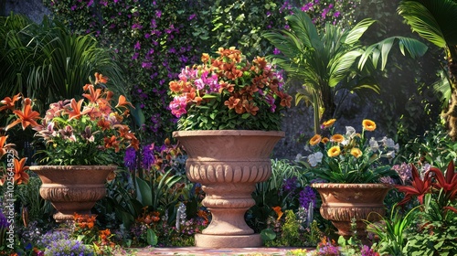 Wallpaper Mural 3D botanical garden scene render, showcasing exotic plants and flowers on terracotta bases. Torontodigital.ca