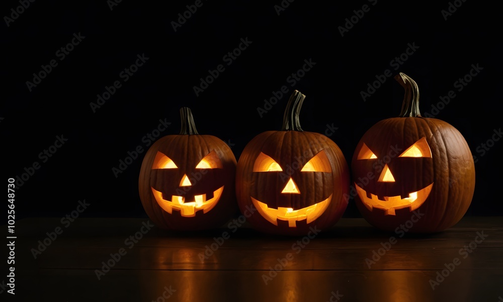 Jack O’ Lanterns, Carved Halloween Pumpkin on black background Jack O’ Lanterns, Carved Halloween Pumpkin on black background