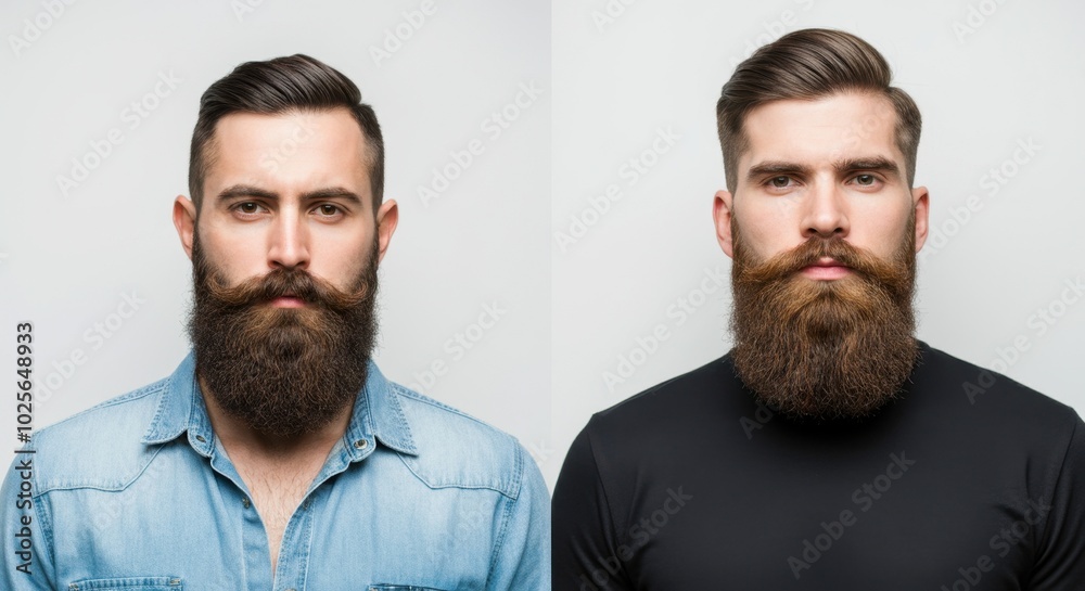 Two Caucasian men with full beards and stylish hairstyles, one in casual denim, other black turtleneck