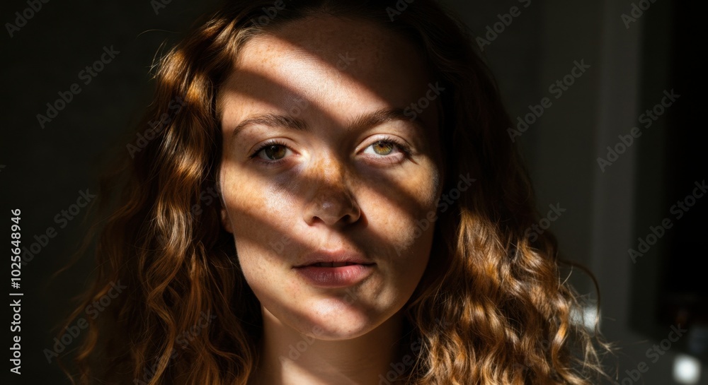 Woman with curly hair in shadowed light Woman with curly hair in shadowed light