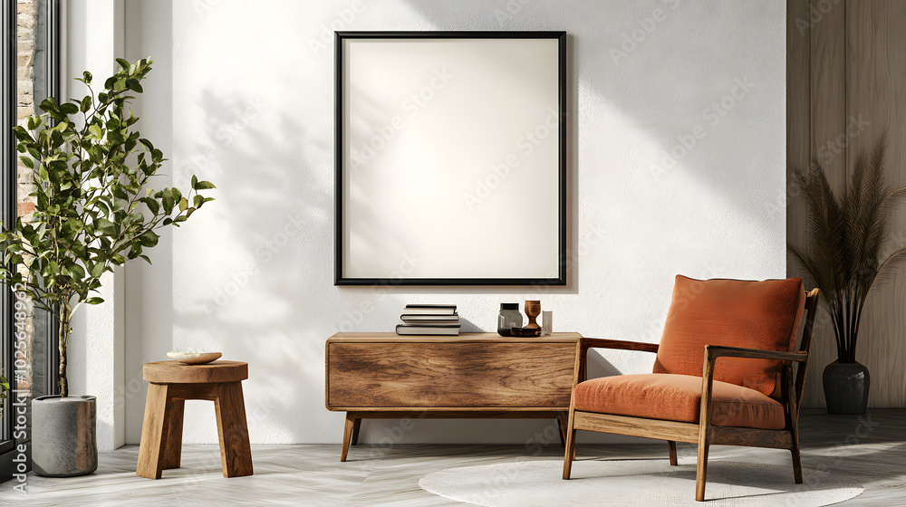 A white wall with a black frame and a white picture A white wall with a black frame and a white picture