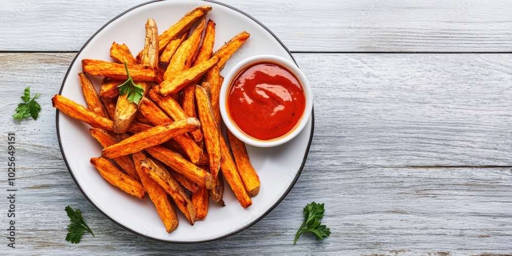 Crispy Sweet Potato Fries Served with a Spicy Dipping Sauce on a Plate Crispy Sweet Potato Fries Served with a Spicy Dipping Sauce on a Plate