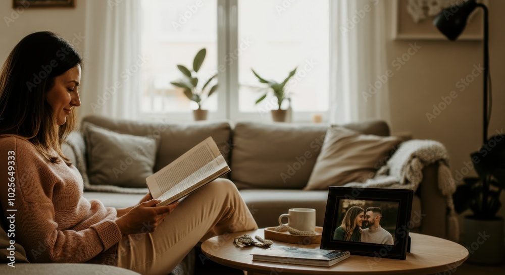 Young woman reading in cozy living room with plants and coffee table Young woman reading in cozy living room with plants and coffee table