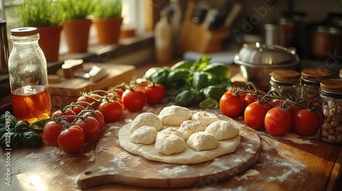 Rustic Kitchen with Fresh Ingredients and Dough for Cooking photo