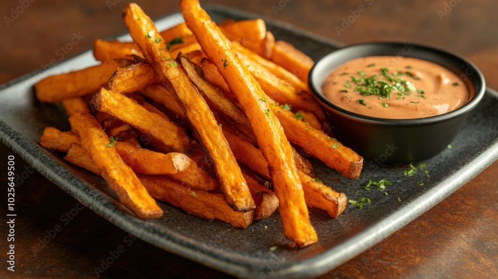 Crispy Sweet Potato Fries Served with a Spicy Dipping Sauce on a Plate
