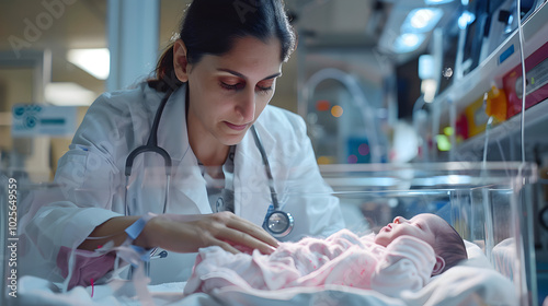 a neonatal unit, a dedicated female doctor is attending to a newborn baby with care and attention
