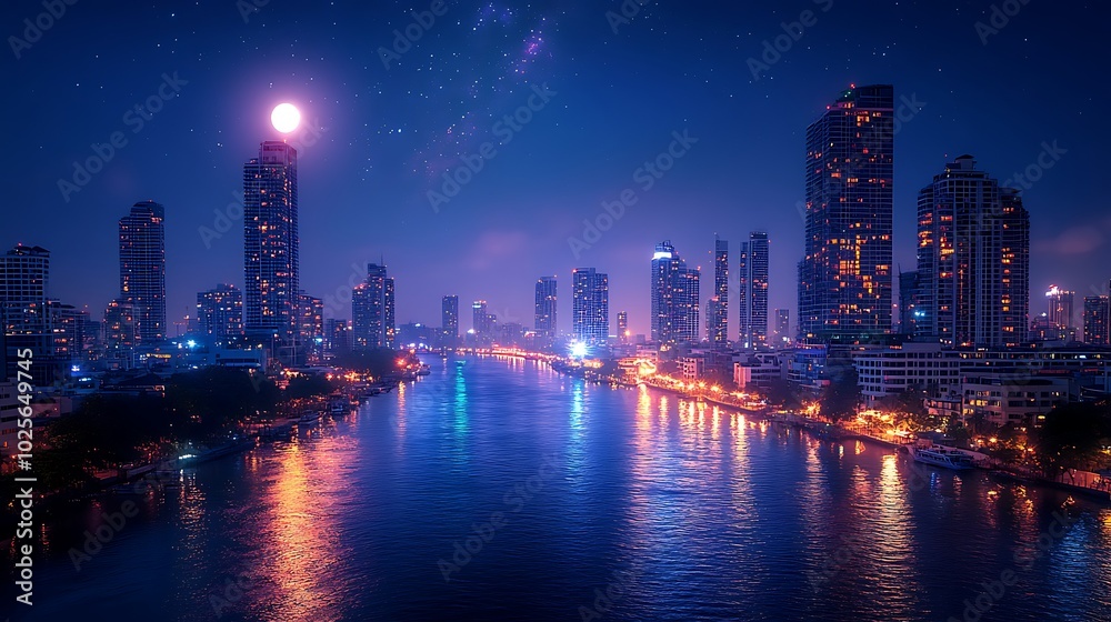 Fototapeta premium A panoramic view of a city skyline illuminated by a full moon, with a river reflecting the city lights and the moon.