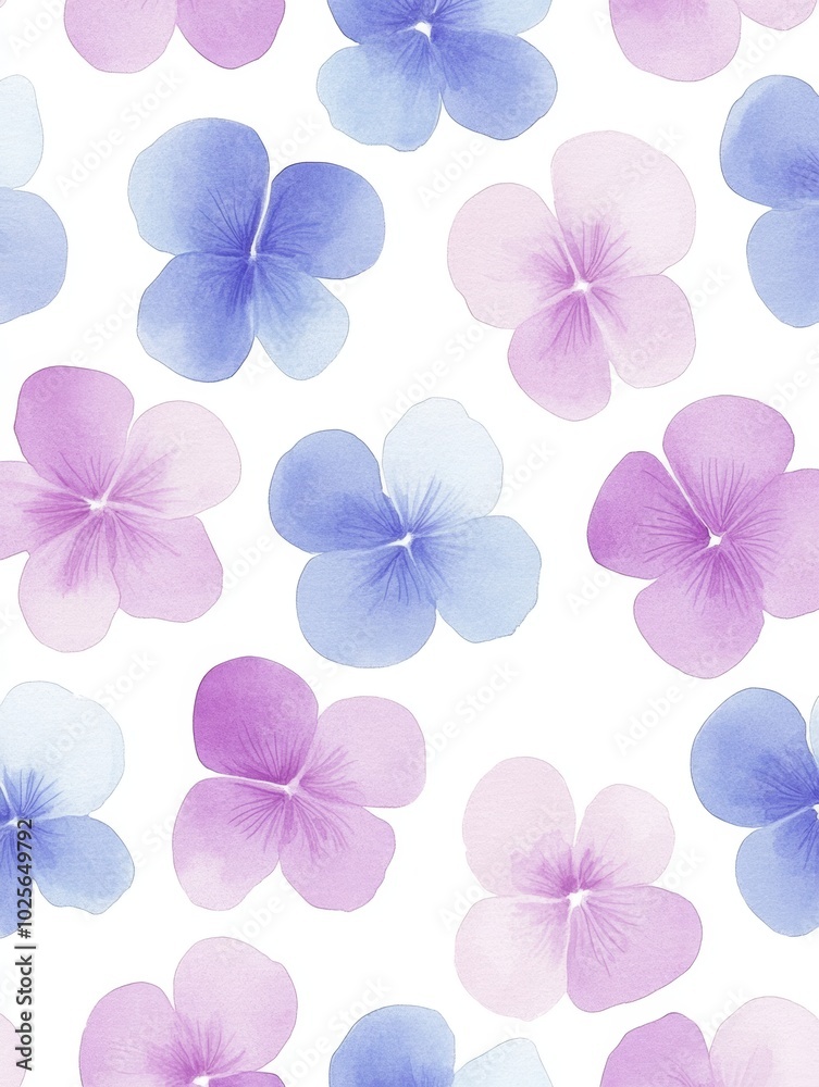 Fototapeta premium 淡い紫と青の花々が描かれた、白い背景のデザインで彩られたアート作品
