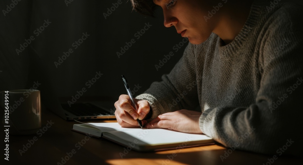 Young Asian man writing in notebook at desk low light