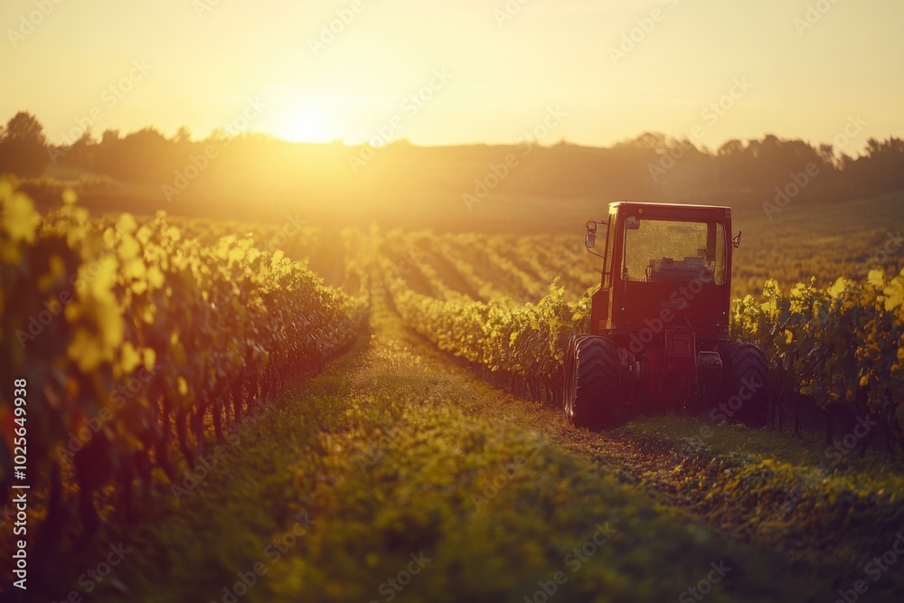 Vineyard with automated grape harvester, with copy space Vineyard with automated grape harvester, with copy space