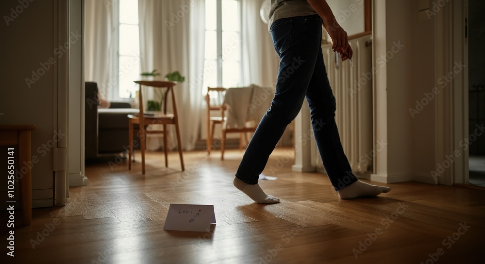 Person walking on wooden floor indoors near scattered papers in well-lit room