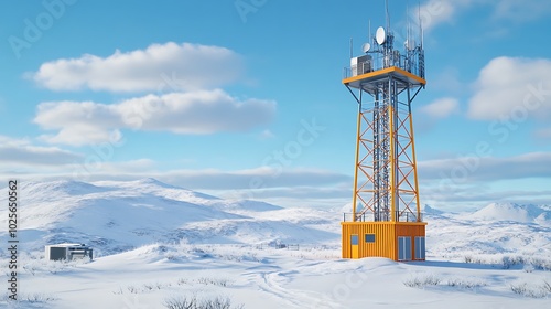 Radar Tower Near a Distant Glacier: A radar installation in an arctic landscape, monitoring glacier movements for potential signs of collapse or floods.