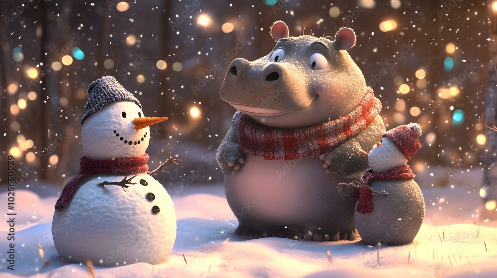 Obraz premium Chubby hippo wearing a scarf and mittens building a snowman with friends surrounded by serene snowfall and twinkling lights