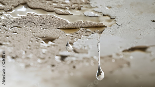 Close-up of water droplets forming and dripping from a damaged ceiling surface with wet textures and peeling paint