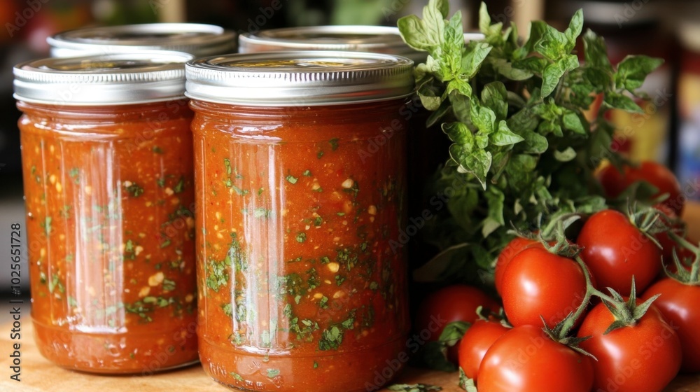 Fresh Tomato Sauce in Jars with Herbs and Vegetables Fresh Tomato Sauce in Jars with Herbs and Vegetables