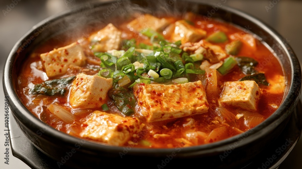 Spicy Tofu Stew in Stone Bowl with Vegetables Spicy Tofu Stew in Stone Bowl with Vegetables