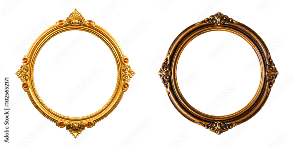 Set of two circular photo frame with intricate details isolated on a transparent background, Vintage decor, art display, and home interior styling Set of two circular photo frame with intricate details isolated on a transparent background, Vintage decor, art display, and home interior styling