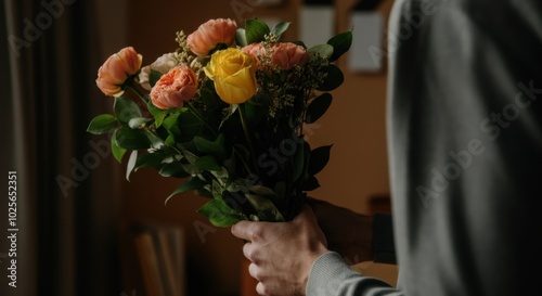 Hands gently holding bouquet of flowers, with soft indoor background