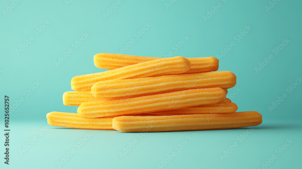 A vibrant stack of churros on a soothing aqua background, showcasing their crispy texture and appealing shape, perfect for dessert lovers. A vibrant stack of churros on a soothing aqua background, showcasing their crispy texture and appealing shape, perfect for dessert lovers.