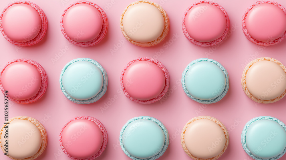 Colorful arrangement of macarons in shades of pink and blue against a soft pink background, perfect for dessert and pastry enthusiasts. Colorful arrangement of macarons in shades of pink and blue against a soft pink background, perfect for dessert and pastry enthusiasts.