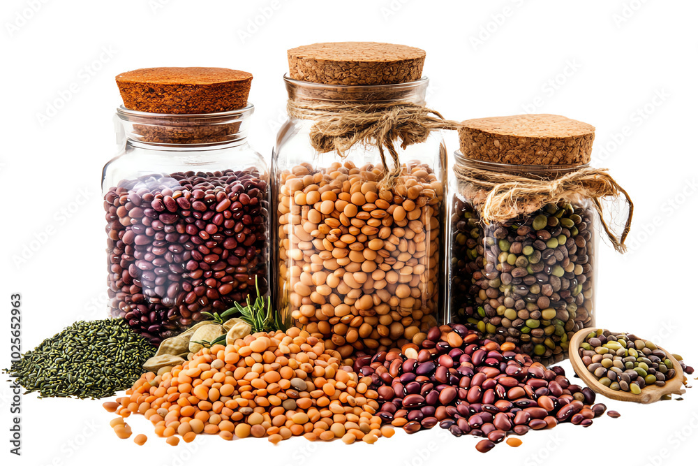 Lentils, Beans, and Grains: A Harvest of Flavor: Three rustic glass jars filled with lentils, beans, and grains, spilling out onto a white surface. Lentils, Beans, and Grains: A Harvest of Flavor: Three rustic glass jars filled with lentils, beans, and grains, spilling out onto a white surface.