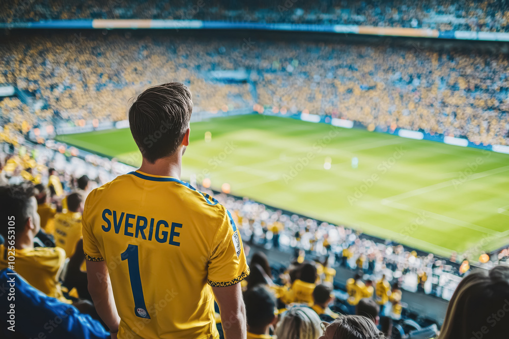 Fototapeta premium Group of Smiling Swedish Soccer Fans. A joyful group of young Swedish fans with light skin, all wearing yellow jerseys, laughing and smiling together during a soccer match. 