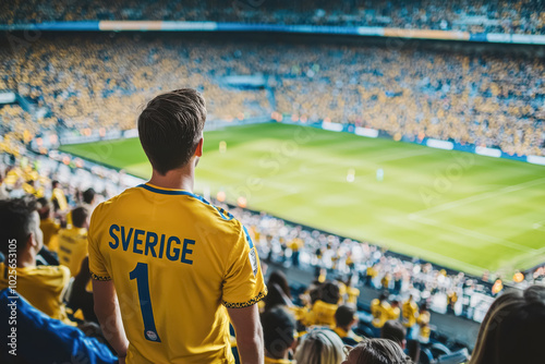 Group of Smiling Swedish Soccer Fans. A joyful group of young Swedish fans with light skin, all wearing yellow jerseys, laughing and smiling together during a soccer match.
