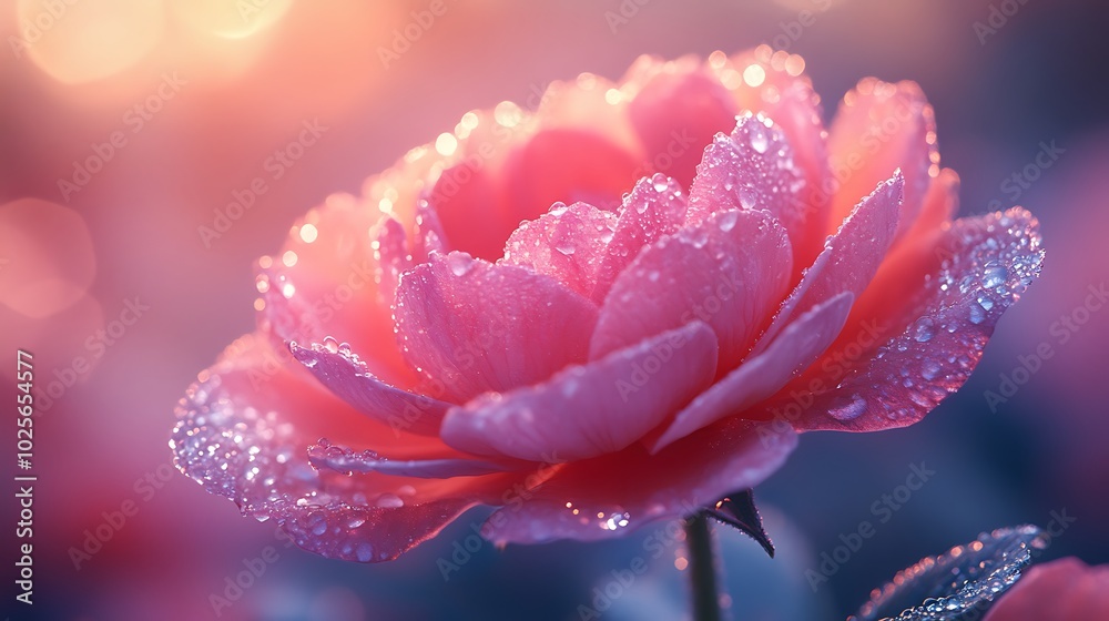 Close-up of a pink rose with dew drops on petals against a soft, blurred background. Close-up of a pink rose with dew drops on petals against a soft, blurred background.