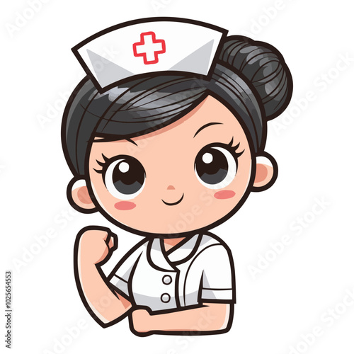 A cute and determined cartoon nurse with big expressive eyes and black hair in a neat bun