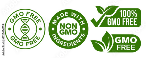 GMO free icon set. Non GMO label. No added or artificial chemicals logo, label, badge, sticker, symbol, emblem, stamp, line, vector, isolated illustration. GMO free label for product packaging design.