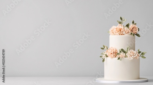 A beautiful two-tier cake adorned with delicate peach roses and greenery on a simple, light gray background.