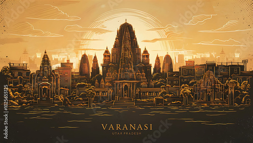 Varanasi Landscape Sketch: An Intricate Exploration of Hinduism Culture, Temples, Hindu Architecture, and the Spiritual Presence of Hindu Monks photo