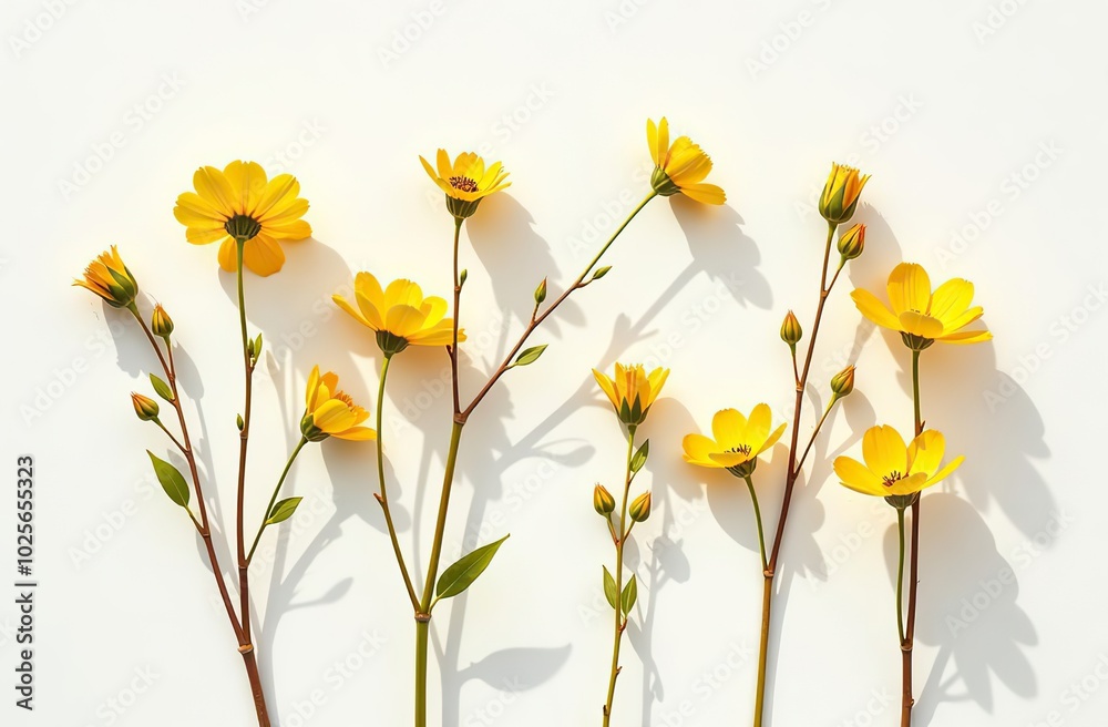 Fototapeta premium Floral autumn still life with yellow flowers on white background, Autumnal flowery pattern, beautiful shadow from sunlight. Scenery beauty Nature design, minimal style aesthetic flat lay view