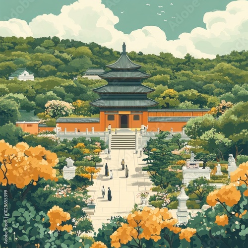 Visiting Ancestors' Graves for Qingming Festival: Flat Vector Illustration of Ching Ming Festival, a Day of Paying Respect photo