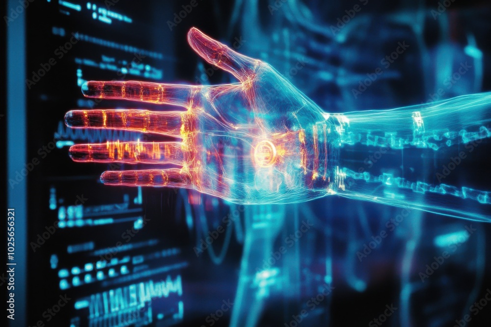 Futuristic Holographic Hand With Digital Interface And Data Visualization Futuristic Holographic Hand With Digital Interface And Data Visualization