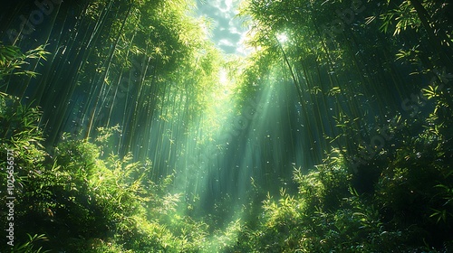 Sunbeams shine through a lush bamboo forest, creating a mystical and serene atmosphere.