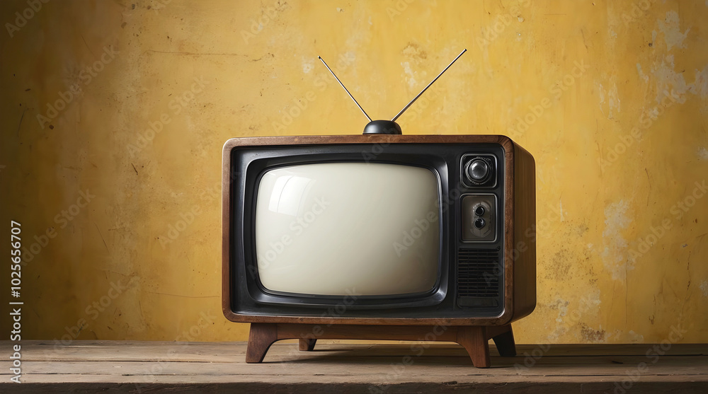 Old vintage tv wit antenna on wooden table isolated on yellow background, template with copy space area,
